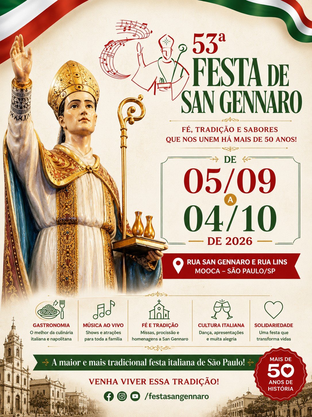 Cartaz oficial da 53ª Festa de San Gennaro — de 5 de setembro a 4 de outubro de 2026, Mooca, São Paulo